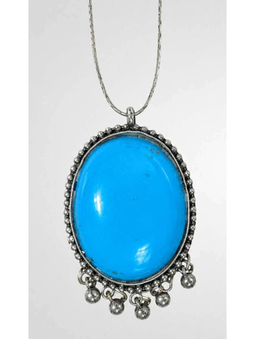 Vintage Faux Turquoise Necklace Pendant 22" Long Dangles Silver-tone sn1-713-2